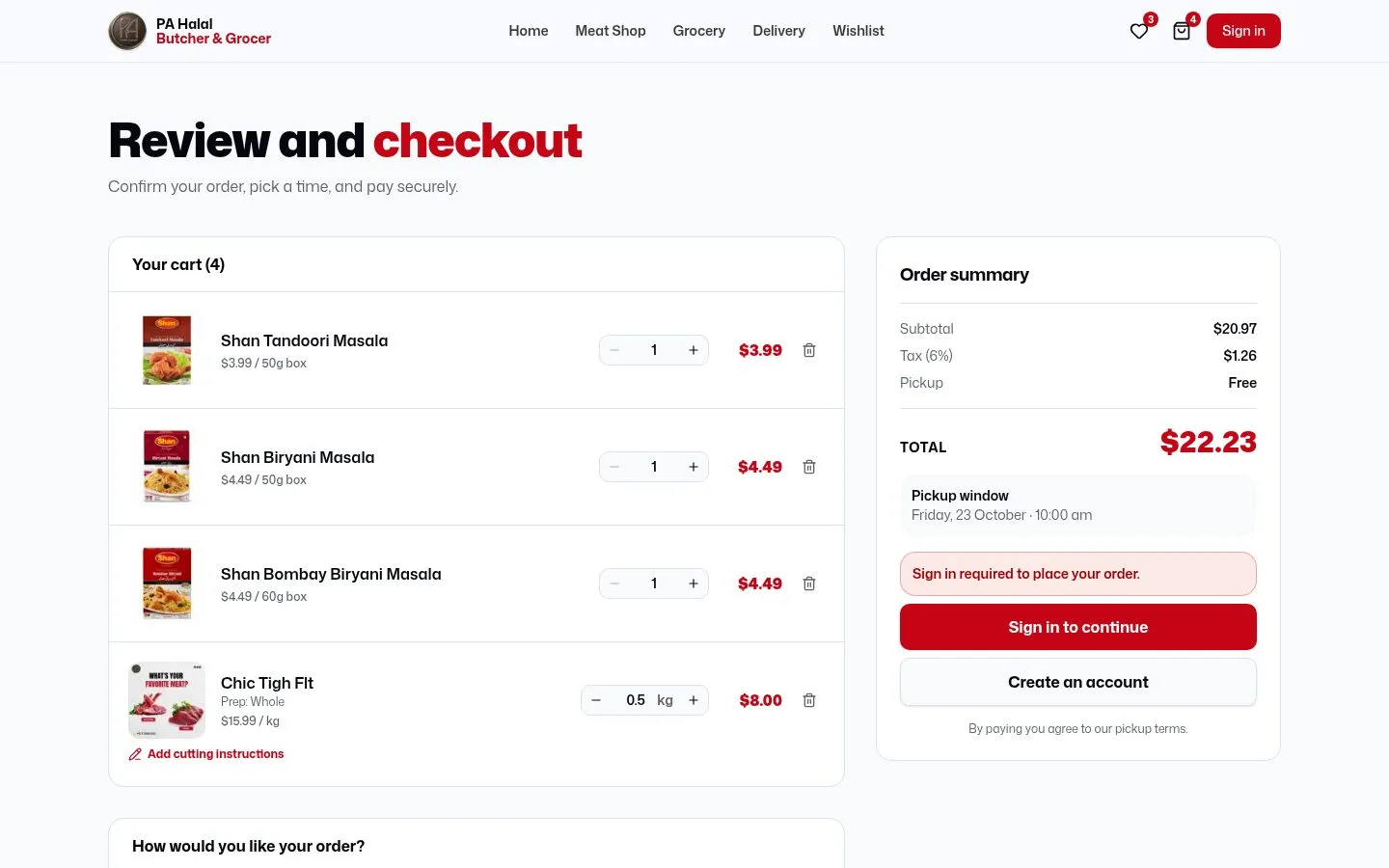 Checkout with cart, order summary and pickup window