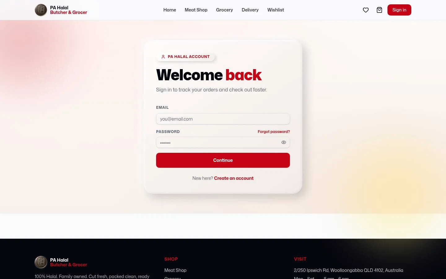 Customer sign-in page
