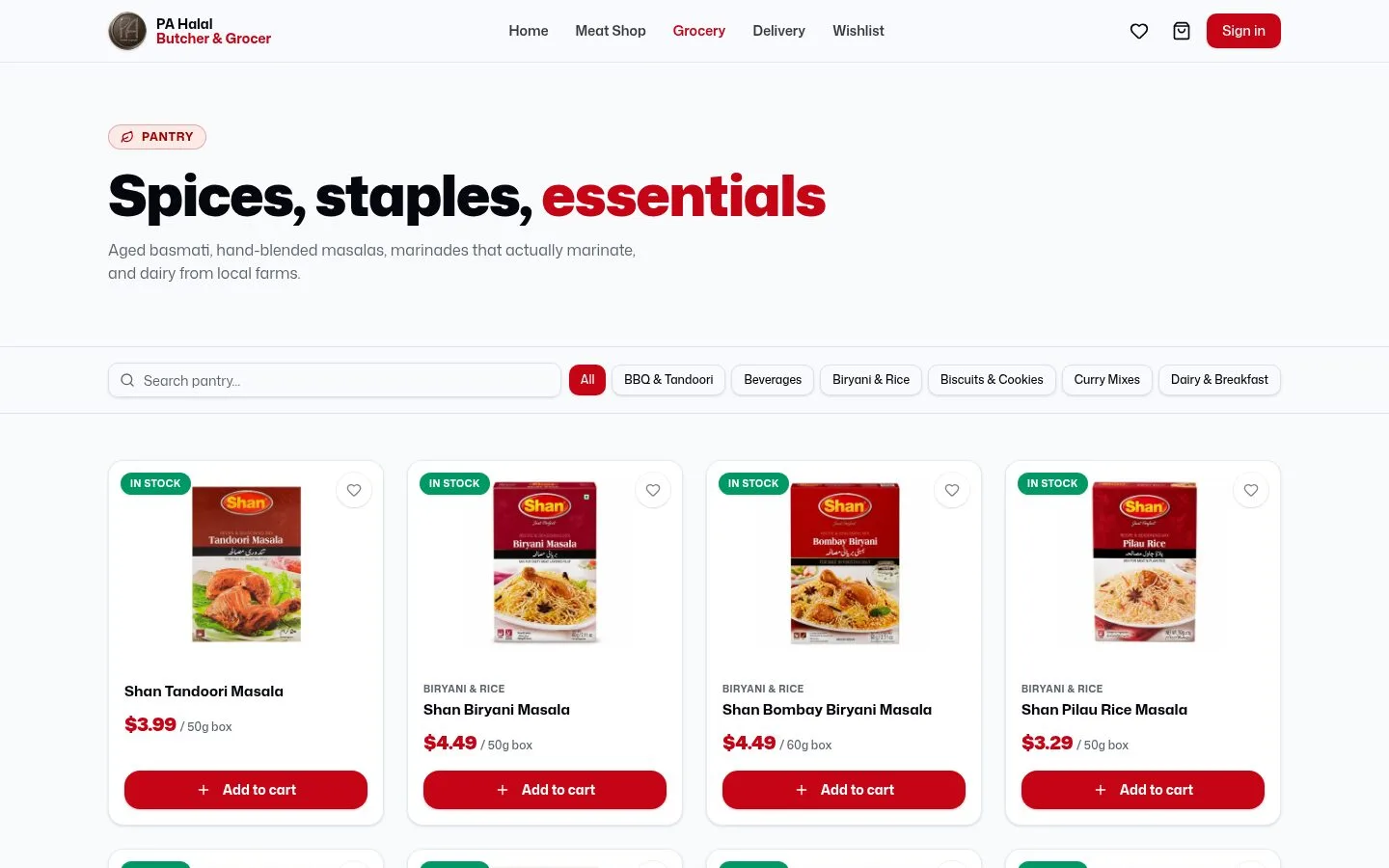 Grocery pantry catalogue with aisle filter chips