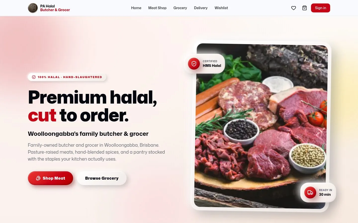 PA Halal Butcher home page with the headline Premium halal, cut to order