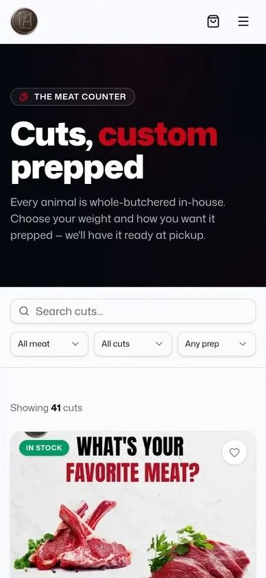 Meat shop on a phone with search and filters