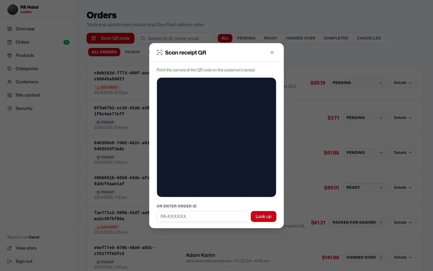 Scan receipt QR modal with manual order ID entry