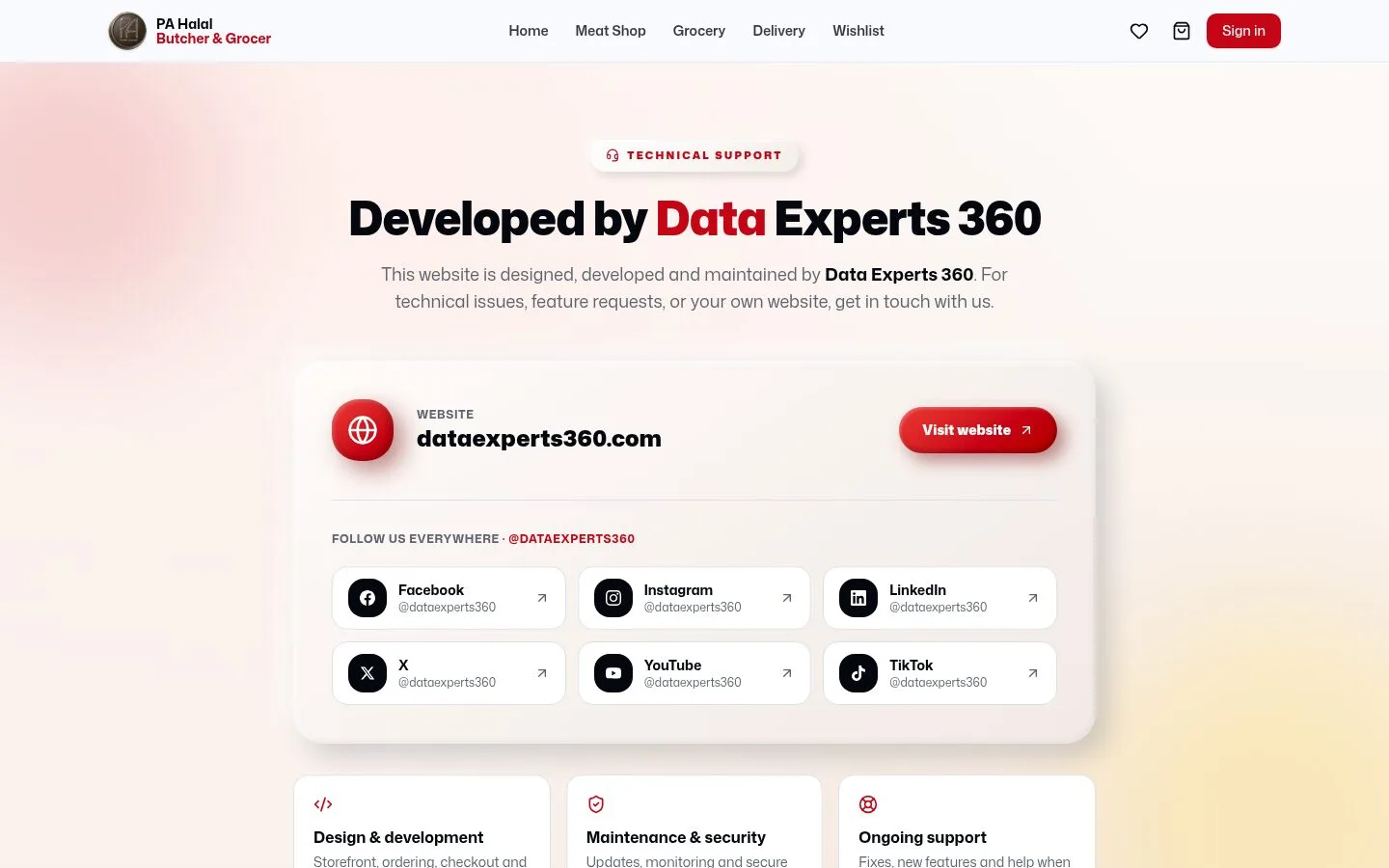 Technical support page crediting Data Experts 360