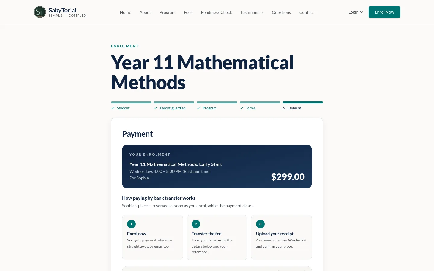 Enrolment payment step with summary and bank transfer steps