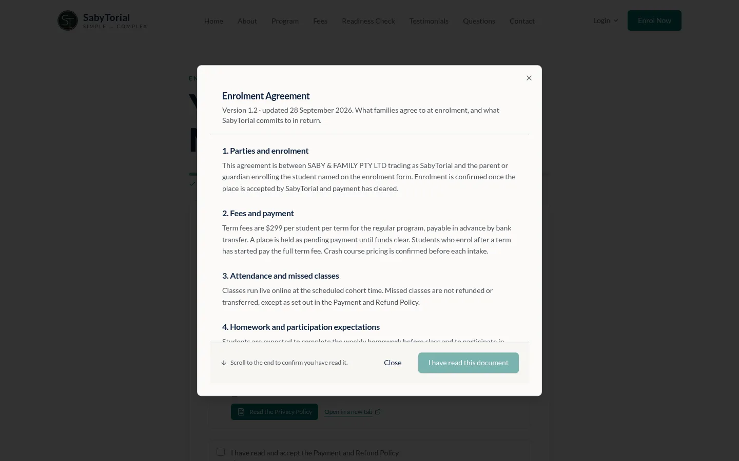 Enrolment Agreement reader dialog during enrolment