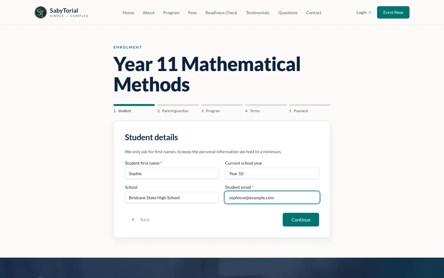 Enrolment form step 1, student details