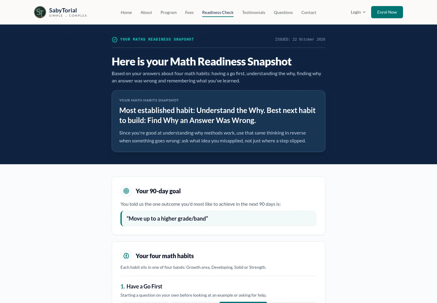 Top of the Math Readiness Snapshot with the habits summary and 90-day goal