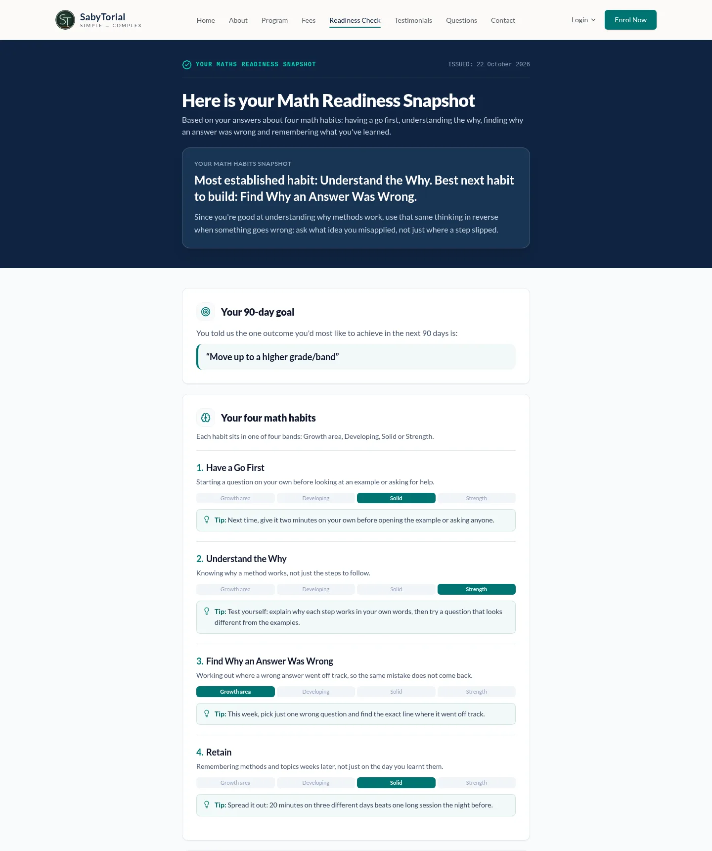 Readiness Snapshot report with four maths habits rated from Growth area to Strength