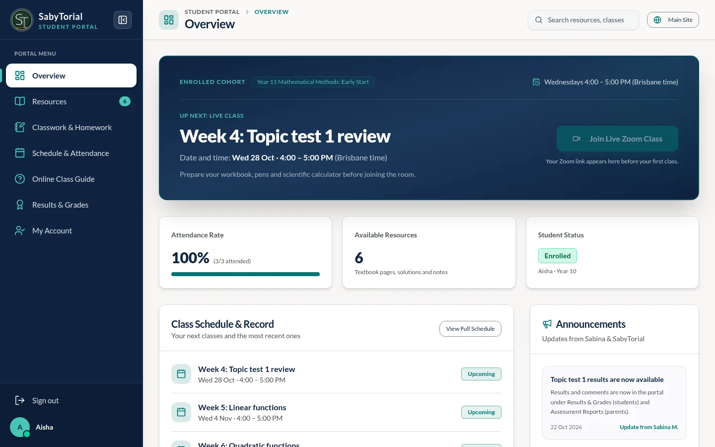 Student portal overview with next class and attendance